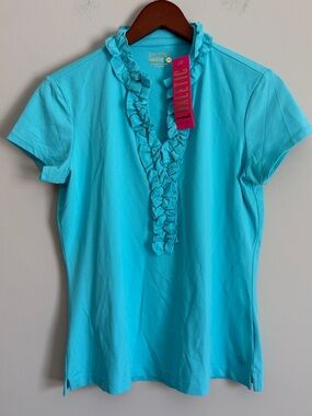NWT Lilly Pulitzer Luxletic Frida Ruffle Polo Top Women M Blue UPF 50+ Golf Luxe